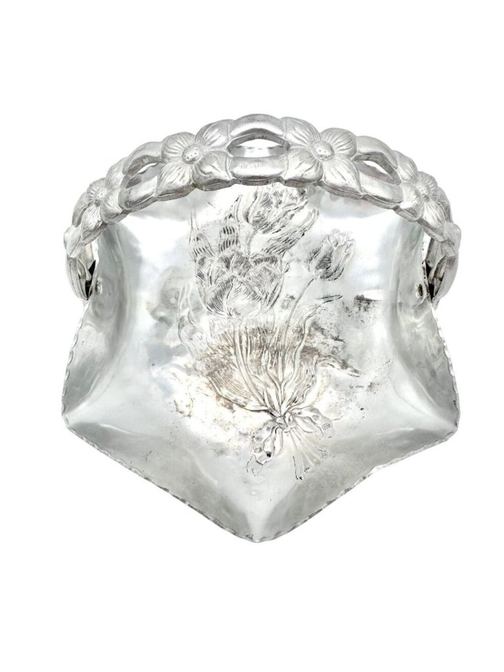 Hand Forged Everlast Metal Basket Silver Tulip Dogwood Design Aluminum 7" W
